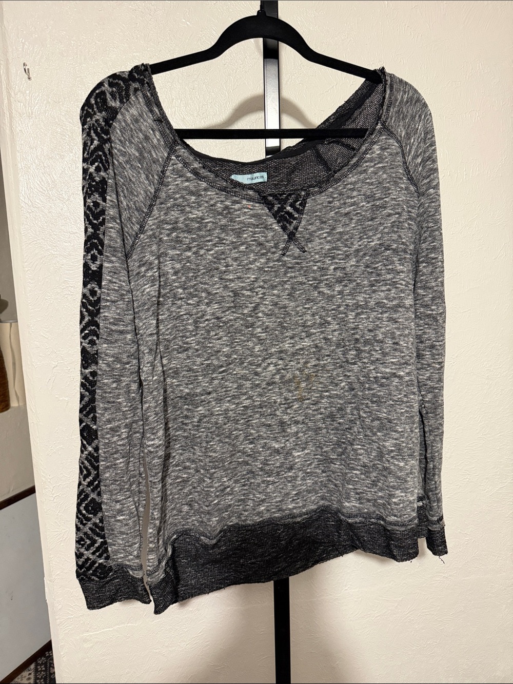 Maurices Heather Gray Pullover Sweatshirt with Patterned Sleeve